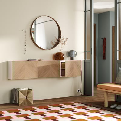 BESTÅ Combinaison rangement murale, blanc/Hedeviken plaqué chêne, 180x22x38 cm