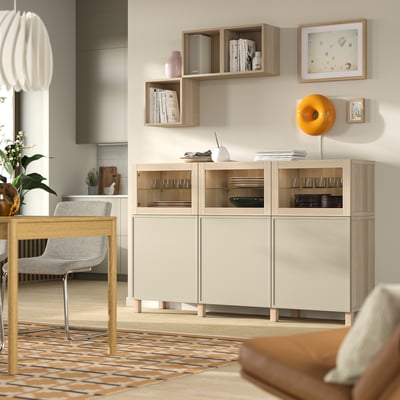 BESTÅ Combinaison rangement portes, effet chêne blanchi/Krukmakare beige, 180x42x112 cm
