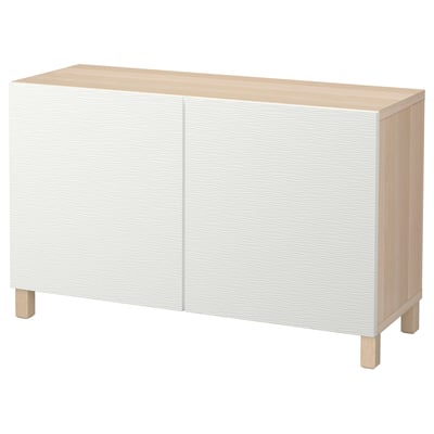 Buffet minimaliste en bois blanc et naturel, deux portes, pieds en bois clair, design rectangulaire simple.