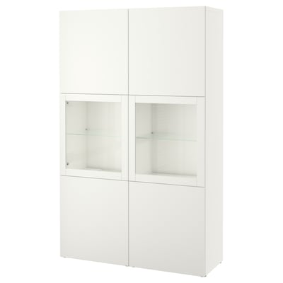 Armoire BESTÅ blanche : design élégant et moderne avec portes en verre, forme rectangulaire, offrant rangement et exposition.