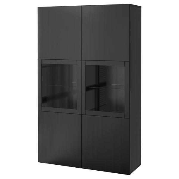Armoire BESTÅ noire avec portes vitrées pour le rangement et l’exposition. Quatre sections. Design élégant.