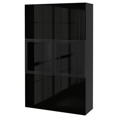 Armoire BESTÅ noire, finition brillante, forme rectangulaire, quatre portes vitrées, deux étagères.
