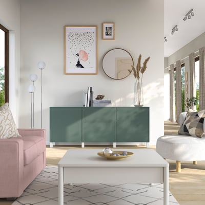 BESTÅ Combinaison rangement tiroirs, Krukmakare gris-vert foncé/Stubbarp blanc, 180x42x74 cm