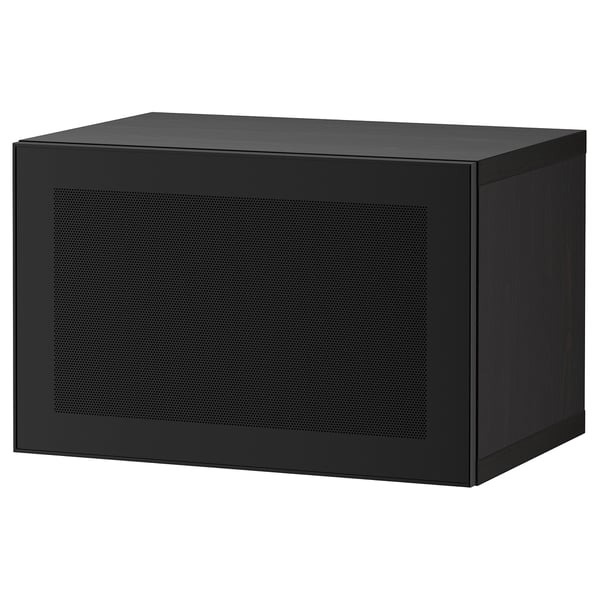 Meuble de rangement carré noir avec porte grillagée, design moderne.