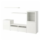 Meuble TV BESTÅ blanc avec étagères et armoire en verre.