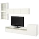 Rangement tv BESTÅ : support élégant, armoires en verre, rangement ouvert et dissimulé, design minimaliste.