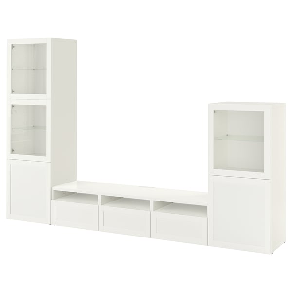 Meuble de rangement TV BESTÅ blanc avec portes vitrées, élégant et moderne.