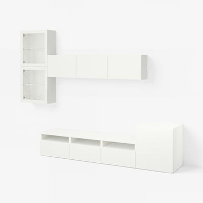 BESTÅ Rangement TV/vitrines, blanc/Lappviken blanc verre transparent, 300x42x211 cm