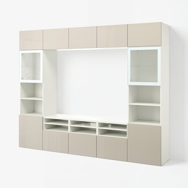 BESTÅ Rangement TV/vitrines, blanc/Selsviken brillant/beige verre transparent, 300x42x231 cm