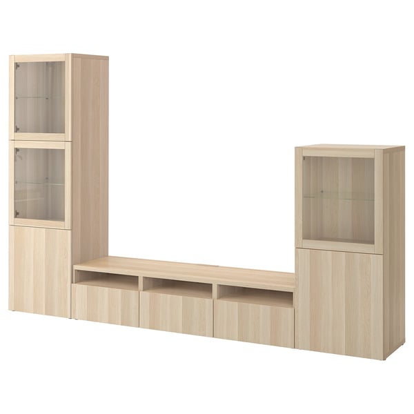 Set de rangement BESTÅ en bois clair : armoires hautes avec dessus en verre, unité centrale large, rangement à fond fermé, léger, moderne.