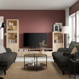 Salon moderne avec des murs marron, une télévision à écran plat sur le support BESTÅ, deux canapés gris, une table basse en verre et un grand lampadaire.
