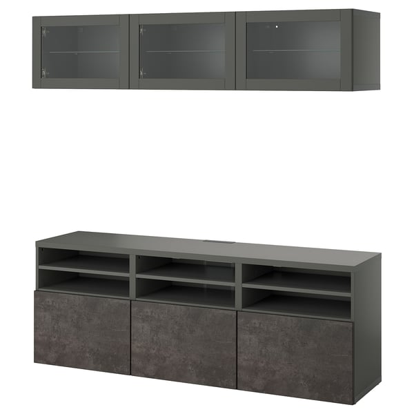Considérez : meuble tv BESTÅ gris foncé moderne avec rangement ouvert et fermé, armoires vitrées murales.