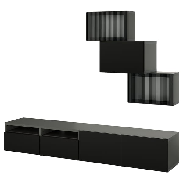 Centre de divertissement noir moderne avec diverses solutions de rangement, avec un design élégant et une disposition organisée.