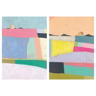 Deux peintures abstraites vibrantes aux formes géométriques colorées et aux petites maisons. Des teintes vives, des formes variées et des détails fantaisistes.