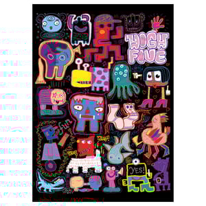 Affiche colorée et remplie de dessins animés avec un titre high five. Divers personnages fantaisistes sur fond noir. Idéal pour une décoration personnalisée.