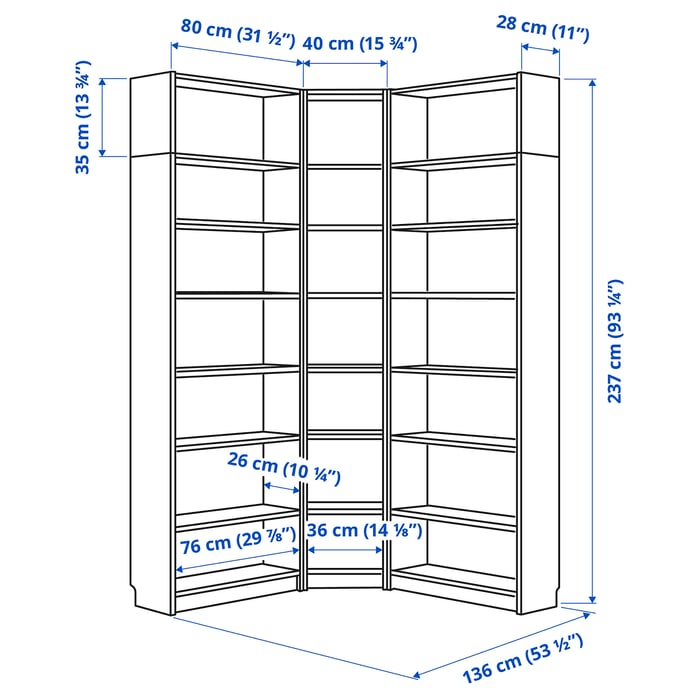 BILLY combi bibliothèque angle+surmeubles, blanc, 136/136x28x237 cm IKEA Belgique
