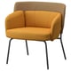 Fauteuil BINGSTA jaune avec dossier incurvé, accoudoirs inclinés, sur pieds en métal noir.