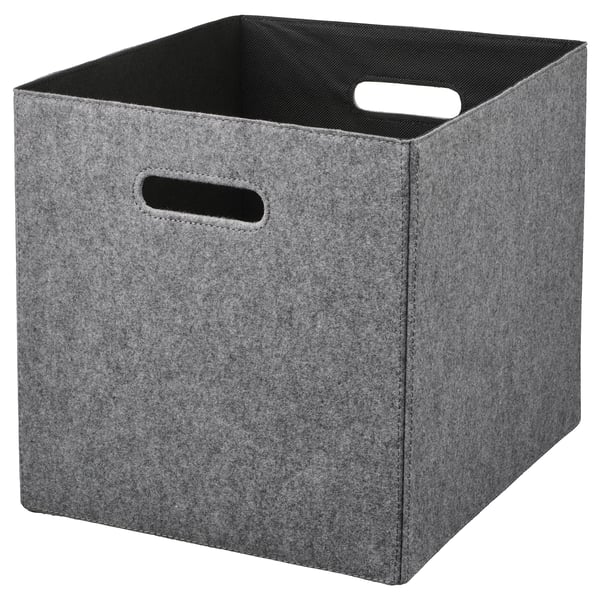 Bac de rangement en tissu gris avec poignées. Forme carrée robuste. Idéal pour les étagères kallax.