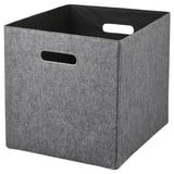 Bac de rangement en tissu gris avec poignées. Forme carrée robuste. Idéal pour les étagères kallax.