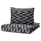 Ensemble de couette géométrique noir et gris avec oreiller, mélange de coton et de viscose, motif pixel moderne.