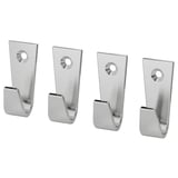 Quatre crochets BLECKA argentés, rectangulaires aux extrémités incurvées, disposés en rangée. Fabriqué en zinc et nickelé. Parfait pour suspendre des objets.