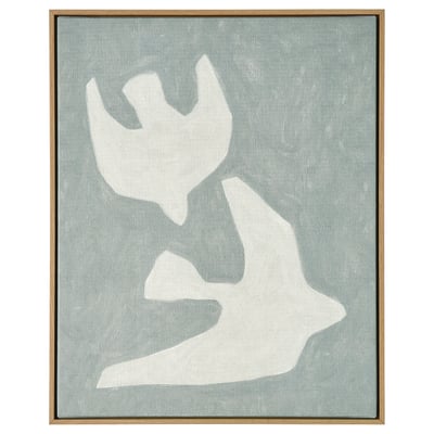 Toile d’art encadrée : BLODFLÄDER par maja gunnarsdottir. Formes blanches abstraites sur gris, cadre effet chêne.