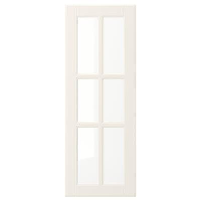 Une porte BODBYN blanche avec un design à six panneaux, une finition laquée lisse et des panneaux en verre trempé, offrant une esthétique traditionnelle et épurée.