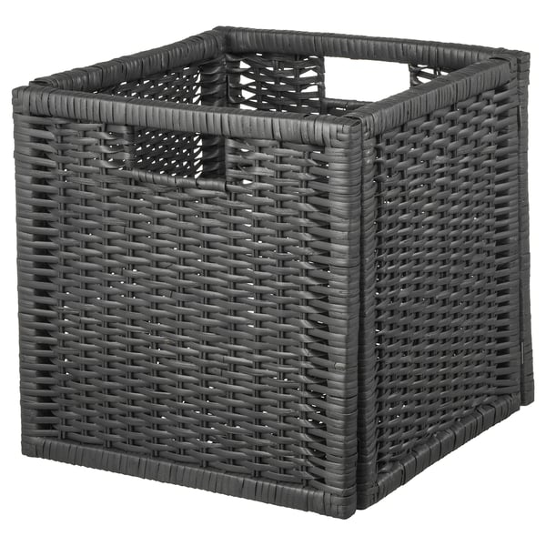 BRANÄS : panier de rangement en osier noir. Forme carrée, poignées de tous les côtés.