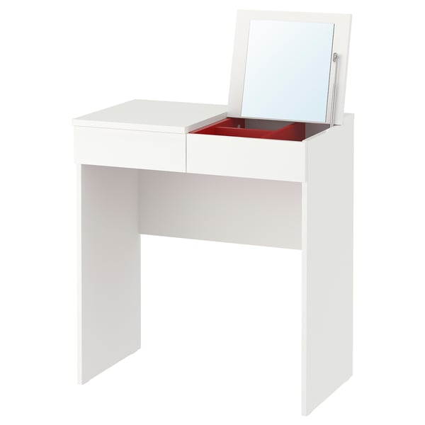 Vanité blanche BRIMNES avec miroir, intérieur rouge, design élégant.