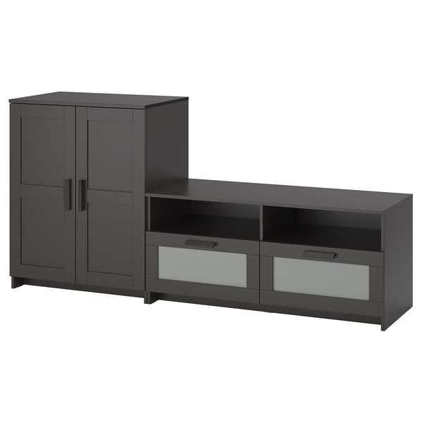 Ensemble de meuble TV moderne gris foncé comprenant une armoire avec des portes et de grands tiroirs pour le rangement, un design élégant.