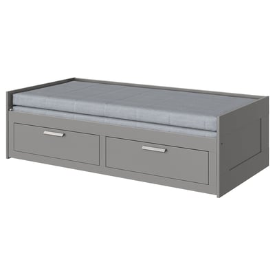 Méridienne BRIMNES grise, design moderne, tiroirs de rangement, matelas en mousse.