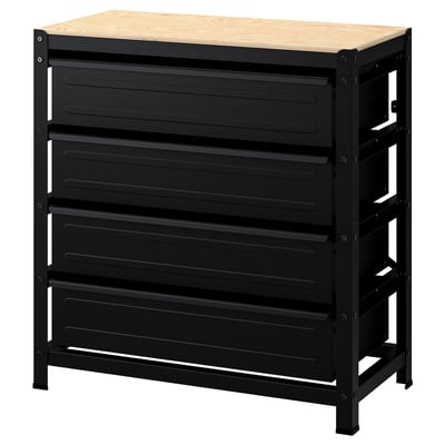 Un établi BROR noir avec tiroirs, doté d’un dessus en contreplaqué de pin, d’un cadre en acier durable et d’un design épuré.