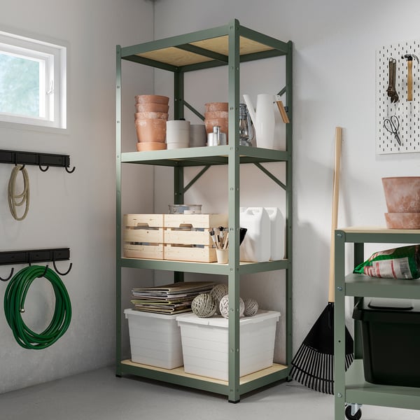 L’étagère en métal vert BROR permet de ranger des pots de fleurs, des outils et des fournitures. Grand, robuste, tient des objets lourds. Étagères en bois, organisées, s’adaptent au coin.