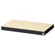 Une étagère en bois de marque blor avec des côtés en métal noir, de forme rectangulaire, adaptée aux charges lourdes.
