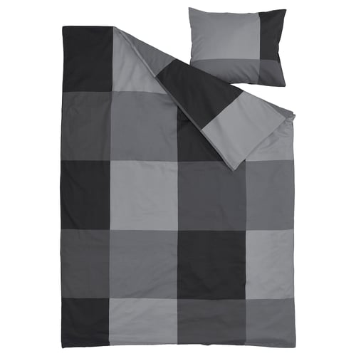 BRUNKRISSLA : ensemble de couette et taie d’oreiller à carreaux gris, forme rectangulaire, 54 % coton, 46 % viscose.