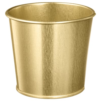 Jardinière cylindrique en métal de couleur laiton, élégante et durable, parfaite pour exposer des plantes d’intérieur.