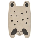 Mignon tapis en forme de chiot beige avec des taches, des pattes et des yeux noirs ; Polyester recyclé doux.