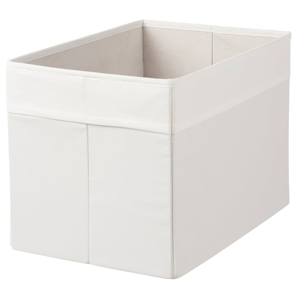 Boîte de rangement en tissu blanc, forme carrée, dessus en maille, poignées, élégante et fonctionnelle pour les étagères.