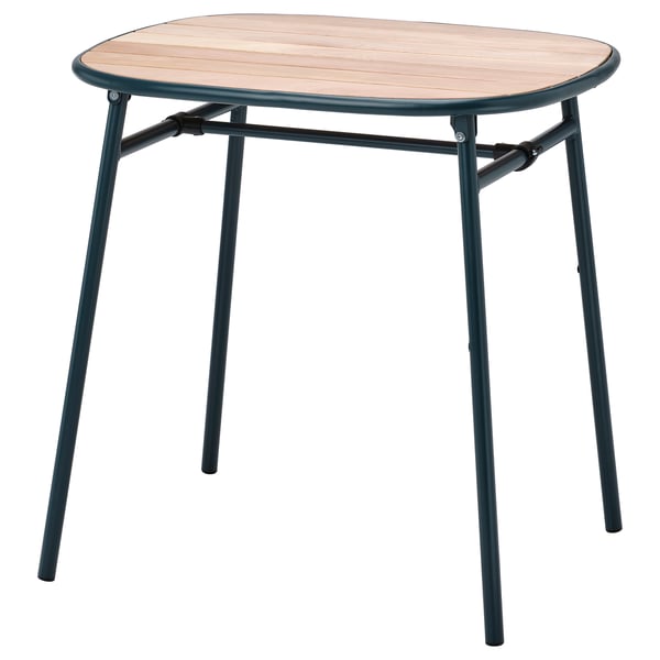 Table d’extérieur Duyskär : ronde, plateau en bois, pieds vert foncé, plis à plat.