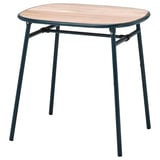 Table d’extérieur Duyskär : ronde, plateau en bois, pieds vert foncé, plis à plat.