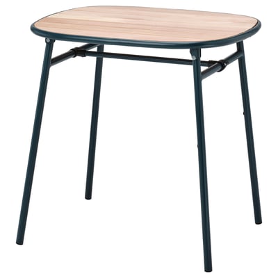 Table d’extérieur Duyskär : ronde, plateau en bois, pieds vert foncé, plis à plat.