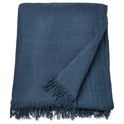 Plaid DYTÅG bleu foncé, frangé, mélange lin-coton, forme rectangulaire.