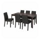 Ensemble de salle à manger de six pièces avec table en bois brun foncé et chaises en cuir noir.