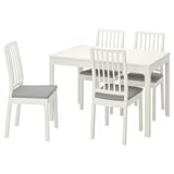 Ensemble de salle à manger en bois blanc avec table carrée et 4 chaises rembourrées.