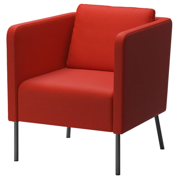 Chaise EKERÖ rouge, rembourrée moderne avec des pieds en acier foncé.