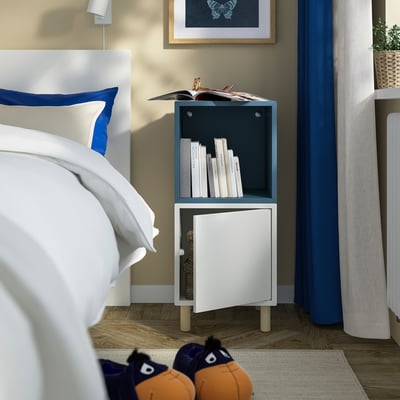 EKET Combinaison rangement avec pieds, blanc bleu gris foncé/bois, 35x35x80 cm