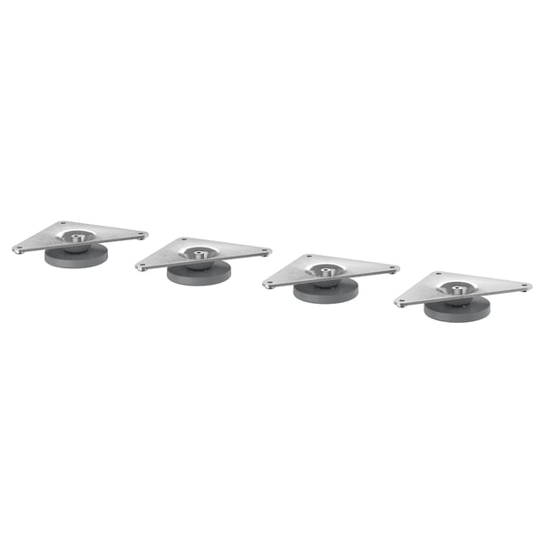 Quatre pieds métalliques réglables pour meubles ; Acier galvanisé, forme triangulaire avec fonds filetés.