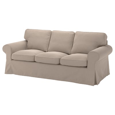 Canapé 3 places beige EKTORP avec accoudoirs moelleux et roulés et coussins épais, recouvert de coton et de polyester.