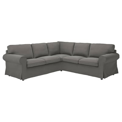 Canapé en tissu gris en forme de L, EKTORP, coussin confortable, design moderne à accoudoirs roulés.