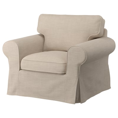 Fauteuil EKTORP : beige, accoudoirs roulés, carré, coussins moelleux.